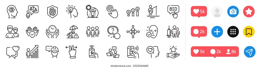 Romantic talk, Fingerprint and Couple line icons pack. Social media icons. Medical vaccination, Cursor, Teamwork web icon. Question button, Idea, Phone payment pictogram. Vector