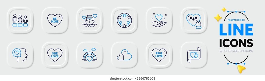 Palabras románticas, confíos de la línea de pulsación e igualdad para la aplicación web. Paquete de cruceros de luna de miel, Genders, íconos del pictograma de amor verdadero. Un amor, Inclusión, señales Lgbt. Cuídate, sé mío. Amistad, Equidad. Vector