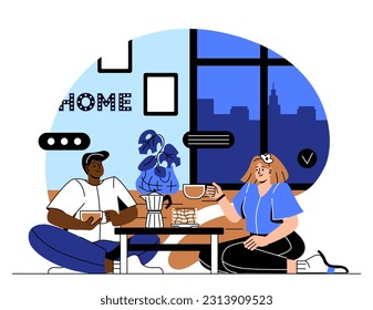 Romantic talk at home. Man and woman sitting in apartment with mugs of hot drinks, coffee and tea. Date and love, romantic relationship. Young couple rest indoor. Cartoon flat vector illustration