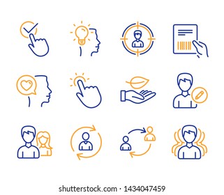 Romantic talk, Parcel invoice and Headhunting icons simple set. Person info, Couple and Idea signs. Edit person, User communication and Leaf symbols. Checkbox, Touchpoint and Group. Vector