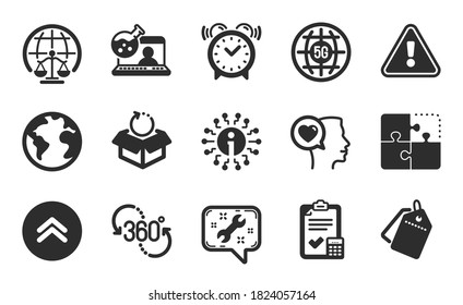 Conversación romántica, paquete Return y conjunto simple de iconos de Swipe up. Información, lista de comprobación de contabilidad y signos de Internet de 5g. Planeta mundial, etiquetas de venta y símbolos de reloj de alarma. Rompecabezas, 360 grados y español. Vector