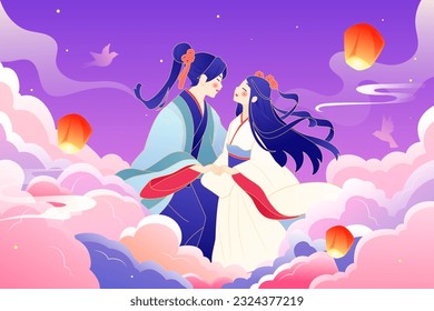 Romantic Tanabata Cowherd and Weaver Girl Magpie Bridge Meeting