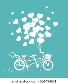 Romantic Tandem Bike with hearts balloons silhouette 