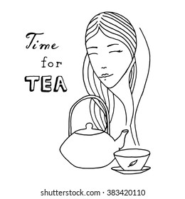 Romantic tea time woman line illustration chalk.