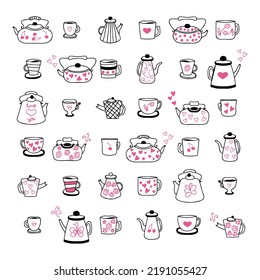 Romantic teapot, cups and mugs collection with hearts. Perfect for tee, stickers, greeting card, party invitation and print. Flat vector illustration isolated on white background.



