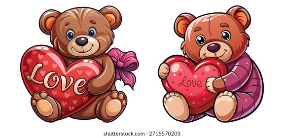 Personajes románticos del oso de peluche con corazones de amor