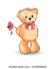 Romantic teddy bear with flower behind its back and bow placed on neck, shy male and gift on Valentines day vector illustration isolated on white