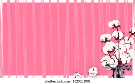 Romantic template background with cotton branch. Printable poster on striped background. Shop card, holiday. Vector Illustration