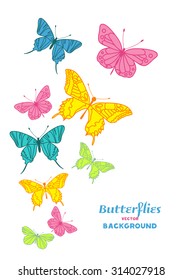 Romantic template with hand drawn butterfly. Abstract elegant colored butterfly background with space for your text. Vector illustration for your design.