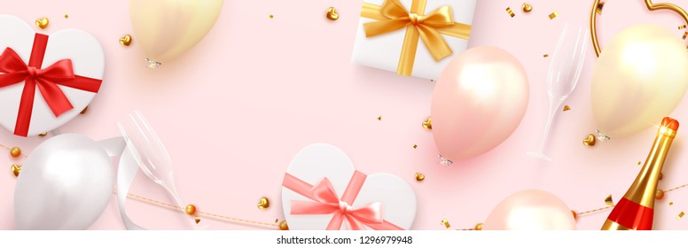 Romantic template with realistic design objects. Holiday background with heart shaped gifts box, balloons, champagne bottle in red color. pattern illustration, for wedding, valentine's day,