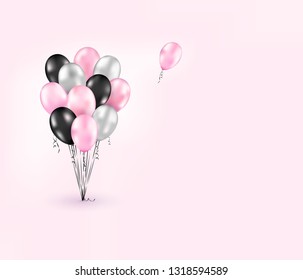 Romantic template with realistic glossy black, silver, pink balloons. Beautiful poster for Womens day, Valentine's day, sale, offers design, party, summer background, clip art, event, wedding. Vector.