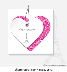 Romantic template for Valentine's day with hearts and Eiffel tower.