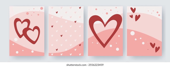 Romantic templates with hearts and abstract shapes set. Hand drawn cute design in pink and red colors for creating flyer, postcard, invitation, leaflet, sales for mother's day, valentine's day. Vector