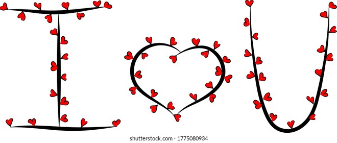 Romantic tender Declaration of love. A large heart with a black outline and red hearts and the letters I and U. Encrypted message to your loved one I Love you. Black branches and petals 