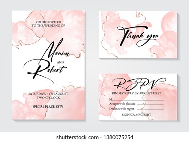 Romantic tender rose gold brush stroke watercolor background with glitter foil. Luxury invitation design for wedding invitation, save the date and thank you cards. With place for text