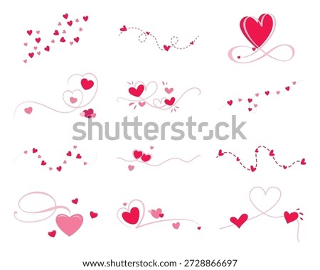 Romantic text divider collection. Vector pink heart garlands and swirl lines for Valentine's Day paragraph decoration