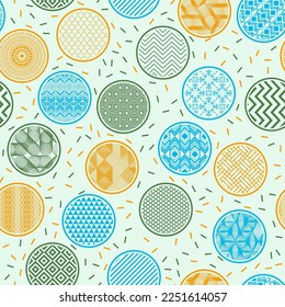 Romantic textile print geometric endless pattern. Bubble shapes with oriental abstractions inside. Korean motives in circles. Freckled texture background. Toy wrapper design.