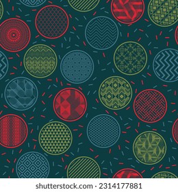 Romantic textile swatch vector seamless ornament. Round shapes with fantasy patterns inside. Japanese geometry in circles. Mottled texture background. Toy wrapper design.