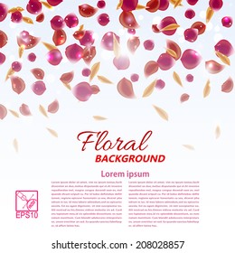 Romantic texture with flower petals and leaves on a light background. Vector illustration.