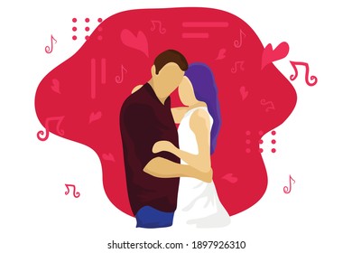 Romantic themed couple holding each other, flat character design vector illustration.