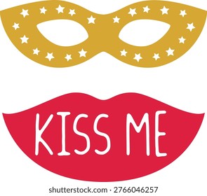 Romantic themed graphic featuring vibrant red lips styled with bold lettering that reads “KISS ME,” paired with an elegant gold mask adorned with delicate star patterns. This eye-catching composition blends playful expression with a touch of mystery, creating a visually appealing design suitable for love-inspired celebrations and creative projects. The lips element conveys affection and charm, while the decorative mask introduces a festive and slightly theatrical mood, making the artwork stand out in both digital and printed formats.

Designed with versatility in mind, this illustration works perfectly for Valentine celebrations, party props, greeting visuals, social media content, event invitations, and themed decorations. The contrast between the rich red tone and the metallic-inspired gold detail adds depth and sophistication, ensuring strong visual impact across various backgrounds. The star accents on the mask contribute to a whimsical aesthetic, enhancing the overall festive feel without overpowering the main focus.

Ideal for photo booth accessories, sticker sets, printable cutouts, or branding materials, this design captures a fun and engaging atmosphere that resonates with romantic occasions. The typography integrated within the lips adds a bold statement, making it suitable for expressive messaging and creative layouts. The composition remains clean and balanced, allowing easy adaptation for different uses while maintaining clarity and style.

This artwork is perfect for designers, marketers, and creators seeking a modern yet playful romantic visual. It reflects themes of affection, celebration, and excitement, making it a valuable addition to seasonal collections or promotional campaigns. Whether used in personal projects or commercial designs, this graphic delivers a memorable and stylish representation of love and festivity.