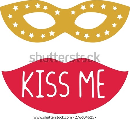 Romantic themed graphic featuring vibrant red lips styled with bold lettering that reads “KISS ME,” paired with an elegant gold mask adorned with delicate star patterns. This eye-catching composition blends playful expression with a touch of mystery, creating a visually appealing design suitable for love-inspired celebrations and creative projects. The lips element conveys affection and charm, while the decorative mask introduces a festive and slightly theatrical mood, making the artwork stand out in both digital and printed formats.

Designed with versatility in mind, this illustration works perfectly for Valentine celebrations, party props, greeting visuals, social media content, event invitations, and themed decorations. The contrast between the rich red tone and the metallic-inspired gold detail adds depth and sophistication, ensuring strong visual impact across various backgrounds. The star accents on the mask contribute to a whimsical aesthetic, enhancing the overall festive feel without overpowering the main focus.

Ideal for photo booth accessories, sticker sets, printable cutouts, or branding materials, this design captures a fun and engaging atmosphere that resonates with romantic occasions. The typography integrated within the lips adds a bold statement, making it suitable for expressive messaging and creative layouts. The composition remains clean and balanced, allowing easy adaptation for different uses while maintaining clarity and style.

This artwork is perfect for designers, marketers, and creators seeking a modern yet playful romantic visual. It reflects themes of affection, celebration, and excitement, making it a valuable addition to seasonal collections or promotional campaigns. Whether used in personal projects or commercial designs, this graphic delivers a memorable and stylish representation of love and festivity.