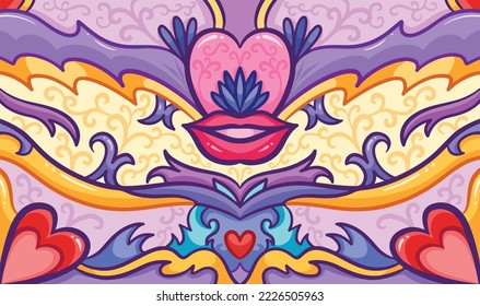 Romantic themed vector background with girl lips and hearts decoration. Symmetrical february love flat wallpaper with cartoon flat art style for greeting cards, poster, banner, and other purposes.