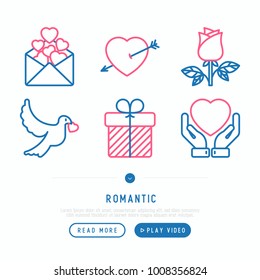 Romantic thin line icons set: envelope with hearts, rose, dove, gift, related to dating, honeymoon, Valentine's day. Modern vector illustration, web page template.