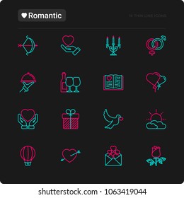 Romantic thin line icons set, related to dating, honeymoon, Valentine's day. Modern vector illustration for black theme.