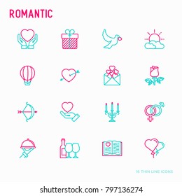 Romantic thin line icons set, related to dating, honeymoon, Valentine's day. Modern vector illustration.