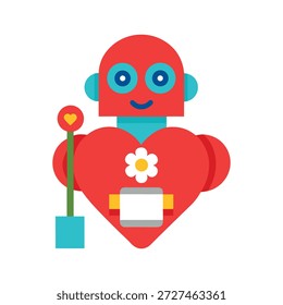 Coração robô tridimensional romântico segurando flores isoladas na ilustração de fundo branco macio