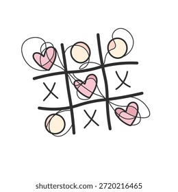 Romántico tic tac juego de dedo del pie con corazones y círculos. Ilustración de concepto de amor dibujado a mano para el día de San Valentín, parejas, diseños de bodas y gráficos de relaciones lúdicas.
