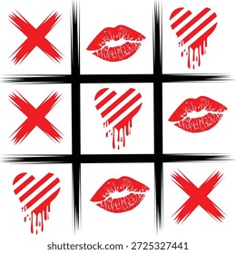 Romantische Tic Tac Toe Spiel mit roten Lippenstift Küsse tropfenden Herzen und gewagte Kreuzung Marken