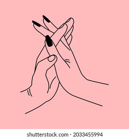 Romantic touch of hands. Cartoon concept of love and tenderness, holding caring palms of lovers, vector illustration elements for hugs isolated on pink background