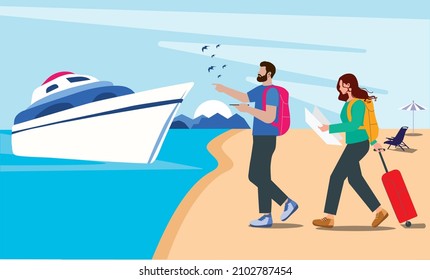 Romantic Tour, Love Couple Travel Together, Happy Young Man and Woman Dating on Boat and Couple tourists traveling by Boat. beautiful beach sea landscape Vector Illustration. and Couple on ship