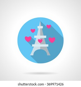 Romantic tour to Paris. Eiffel Tower with pink hearts. Valentines Day series. Blue round flat style vector icon. Element for web design, business, mobile app.