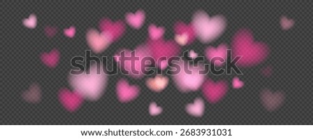 Romantic transparent background banner with floating pink hearts in bokeh style. Perfect for overlays, photo editing, Valentines Day projects, and digital graphics