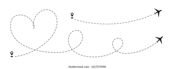 Romantic travel concept with airplane dotted heart path, aircraft love tracking, trace or road vector illustration. Plane track to point, line way or air lines