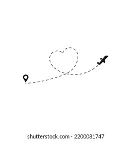 Romantic travel concept with airplane dotted heart path, aircraft love tracking, trace or road vector illustration. Plane track to point, line way or air lines