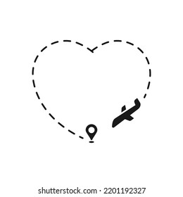 Romantic travel concept with airplane dotted heart path, aircraft love tracking, trace or road vector illustration. Plane track to point, line way or air lines