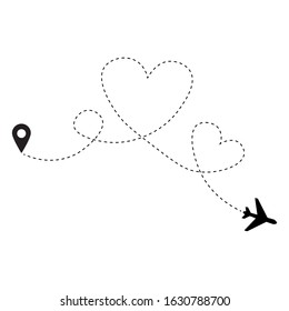 Romantic travel, heart dashed line trace and plane routes. Hearted airplane path, flight air dotted love valentine day drawing