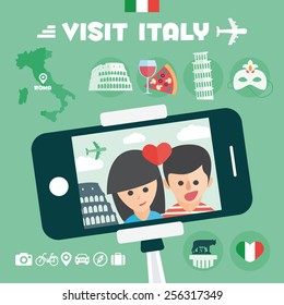 Romantic Travel. Monopod Selfie Self Portrait Tool. Italy Flat Icons Design Travel Concept.Vector