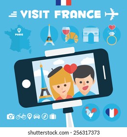 Romantic Travel. Monopod Selfie Self Portrait Tool. France Flat Icons Design Travel Concept.Vector