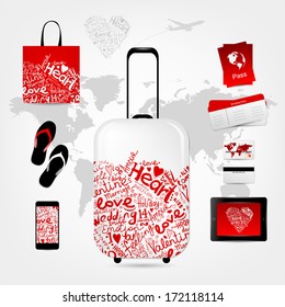 Romantic travel suitcase with set of trip things