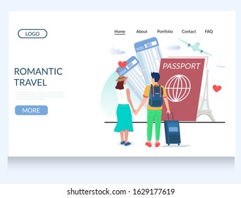 Romantic travel vector website template, web page and landing page design for website and mobile site development. Happy couple traveling together. Worldwide airplane tour, honeymoon, summer vacation.