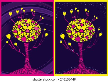 Romantic tree. Hearts, love, stars, night, romance.
