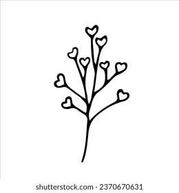 Romantic tree with hearts on the branches. The 14th of February. Valentine's Day. Vector black-and-white hand-drawn doodles. Design of a postcard, template, sketch, icon, clipart.