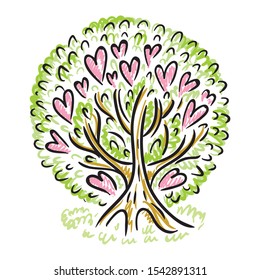 Romantic tree with hearts. Sketch. Vector illustration