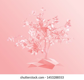 Romantic Tree on Pink Background. Low Poly Valentines Vector 3D Rendering