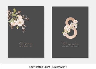 Romantic Trendy Greeting Cards Set for Happy Woman's Day 8 March Holiday. White Cherry Sakura Flowers with Leaves on Dark Background with Eight Number Nature Art Flyer Cartoon Flat Vector Illustration